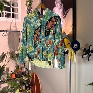 Tianello‎ Asian Floral Print Blouse Button Down Top Colorful Kimono Style Jacket
